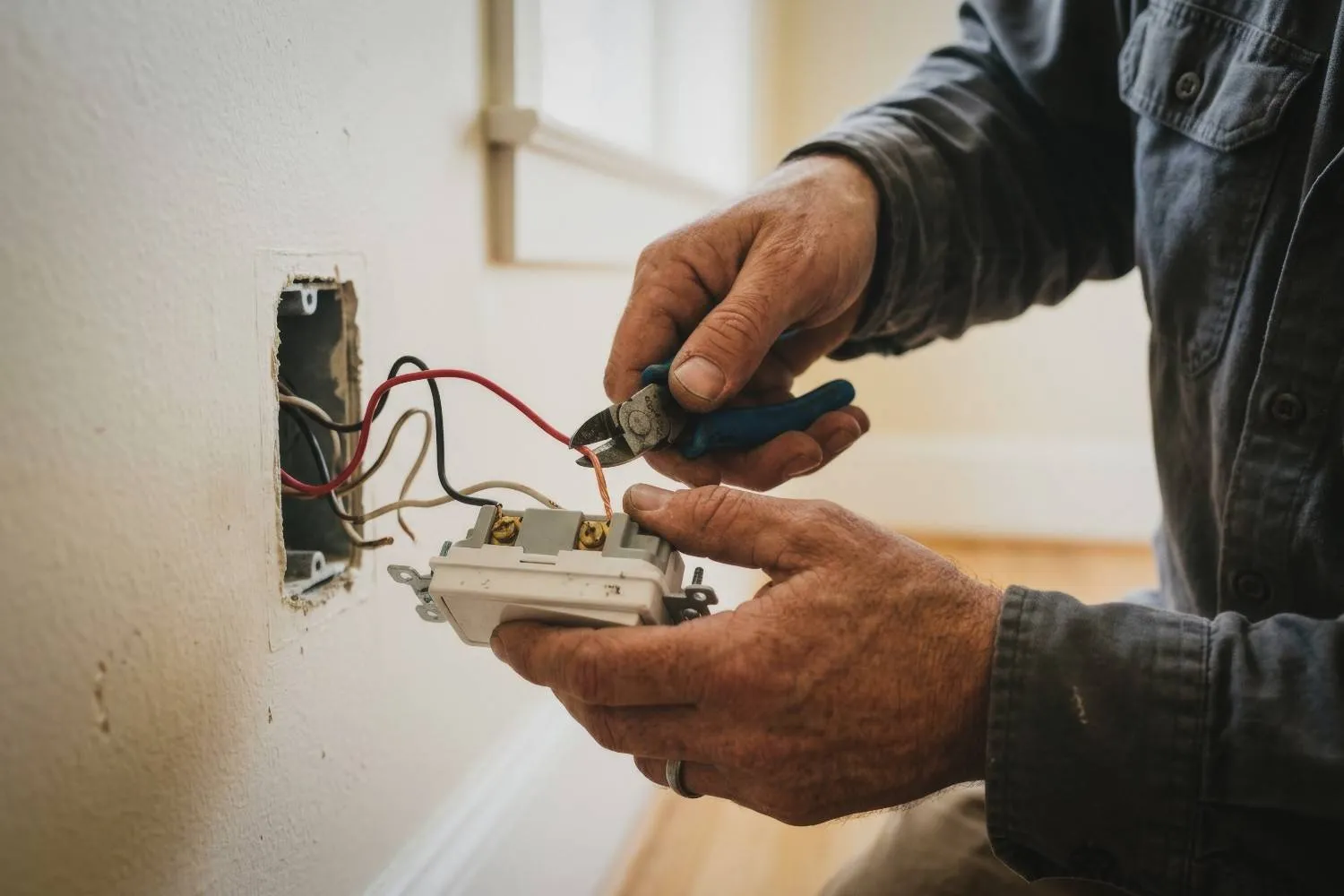 Electrician wiring a wall switch with pliers