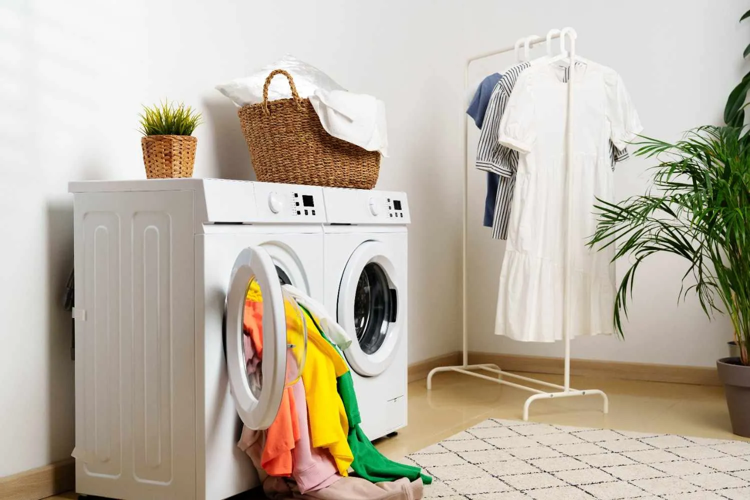 Washer and dryer side by side in a bright laundry room