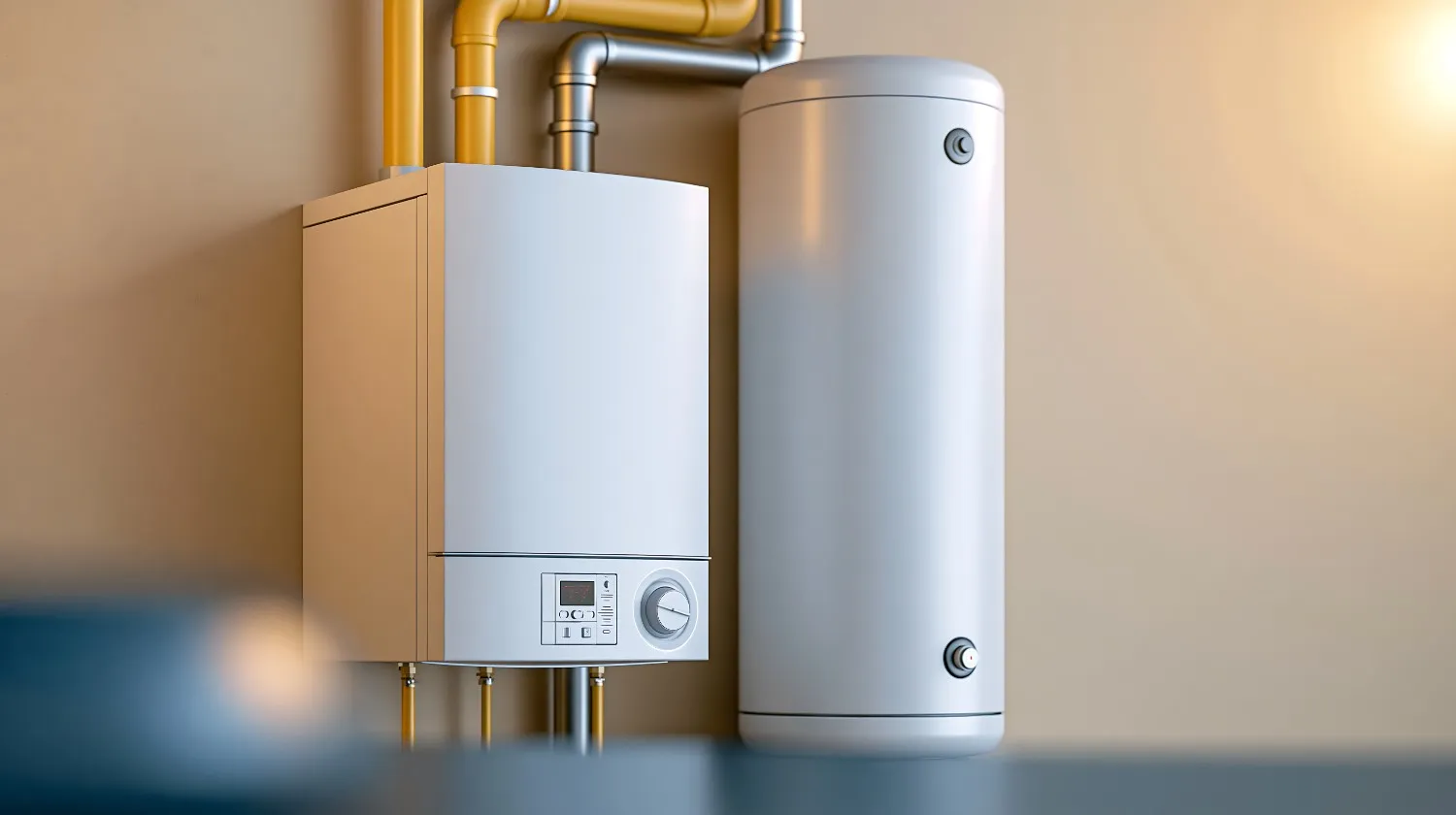 Wall mounted boiler beside a hot water tank